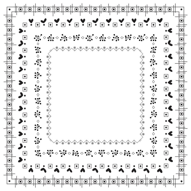 May include: Black and white decorative border with a variety of patterns, including hearts, circles, squares, and stars.