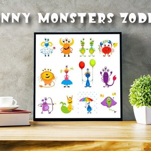 Zabawny zestaw clipartów potwory, Zodiak / Horoskop, karta cyfrowa, clipart, scrapbooking, wektor, natychmiastowe pobieranie, png, eps, VC014