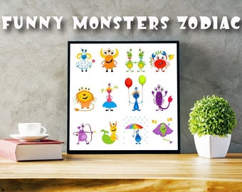 Divertidos monstruos Clip Art Set, Zodiac / Horóscopo, tarjeta digital, clip art, scrapbooking, vector, descarga instantánea, png, eps,VC014