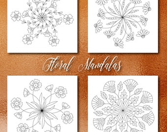 Páginas para colorear florales para adultos, 8 páginas para colorear imprimibles, Descarga instantánea, PDF Páginas para colorear para adultos Mandala Páginas para colorear, CB004