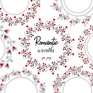 Grinaldas românticas com corações, molduras circulares, cartão de felicitações, cartão digital, clip art, imprimível, vetor, moldura redonda, amor, png, eps, VS007