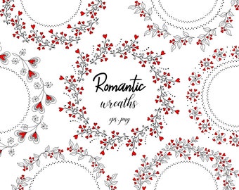 Coronas románticas con corazones, marcos circulares, tarjeta de felicitación, tarjeta digital, imágenes prediseñadas, imprimibles, vectoriales, marco redondo, amor, png, eps, VS007