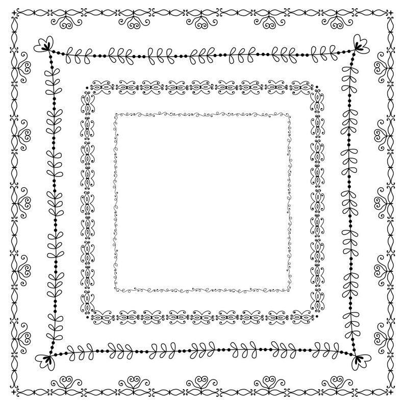 May include: A set of four black and white decorative borders with intricate floral and geometric designs. The borders are arranged in a square shape, with the largest border on the outside and the smallest border on the inside.