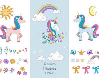 Rainbow Unicorn Clipart Set- DESCARGA INSTANTÁNEA De gráficos unicornio, Fiesta unicornio, Mágico, Unicornio lindo, Ilustración, imprimible, vector, VC024