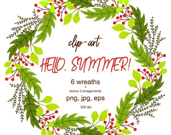 Coronas de verano clip art Set "Hello, Summer", Round Frames, hojas verdes, tarjeta de felicitación, tarjeta digital, clip art, imprimible, vector, logo, VS003