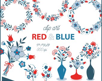 Diseños florales decorativos rojos y azules, corona con flores, ramos de imágenes prediseñadas, tarjeta digital, imágenes prediseñadas, imprimibles, vector, descarga instantánea, VS002