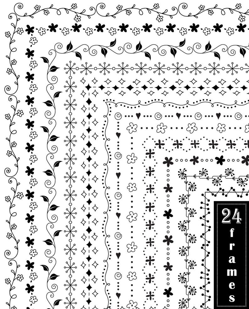 May include: A set of 24 black and white decorative borders and frames. The frames are made up of various patterns including flowers, stars, swirls, and diamonds.