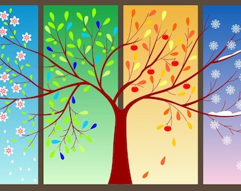 Linda ilustración "Cuatro estaciones del año", tarjeta digital, imprimible, vector, descarga instantánea, árbol, eps, imágenes digitales - IL106