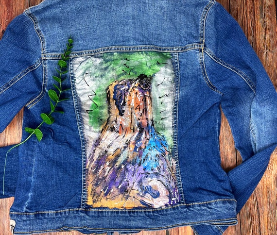 Howling Wolf Free Hand Painted Denim Jacket Womens Fitted Small