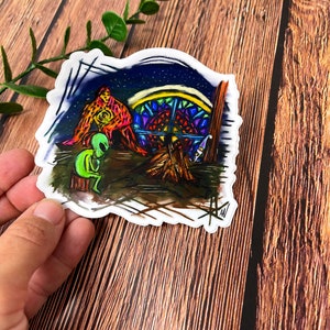 Alien Sasquatch Gnome Campfire Vinyl Decal Sticker
