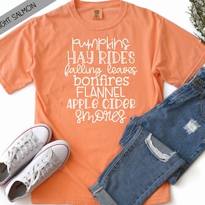 Pumpkins, Hayrides, Falling Leaves, Bonfires, Flannel, Apple Cider, Smores - Fall Short Sleeve Comfort Colors Tee