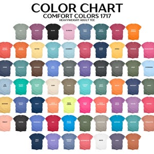 The image is a color chart displaying a variety of comfortable adult t-shirt colors, including shades of blue, green, orange, pink, and more.