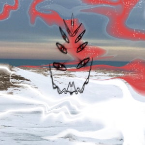 May include: A digital art piece with a black and white drawing of a face with multiple eyes on a snowy landscape with red and white streaks of color in the background.