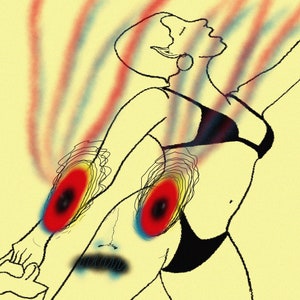 May include: Digital illustration of a figure in a black bikini, arms raised, with a yellow background and red, blue, and yellow energy-like patterns. The figure's form is outlined in black.