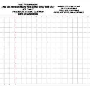 May include: A digital grid template featuring a smaller four-column section and a larger sixteen-column section. Text at the top includes: THANKS FOR DOWNLOADING, I USED 1MM THICK BLACK SILICONE THESE SETTINGS SHOULD WORK GREAT WITH XTOOL P5, IF YOU NEED ANY ASSISTANCE LET ME KNOW, CHAD'S CUSTOM CREATIONS, MADE WITH XTOOL P5 80W CO2 LASER, RED IS CUT 80% 30MM/S, GREEN IS SCORE 25% 200MM/S, PURPLE IS SCORE DEFOCUS 10MM 60% 400MM/S.