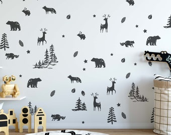 Bear Wall Stickers Woodland Animal Wall Decal Bear Wall Mural Pine Tree Wall Decal Woodland Nursery Themed Bedroom Decor NS2151