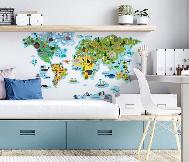 Map wall decal World Map Sticker Huge Map with Animals Etsy