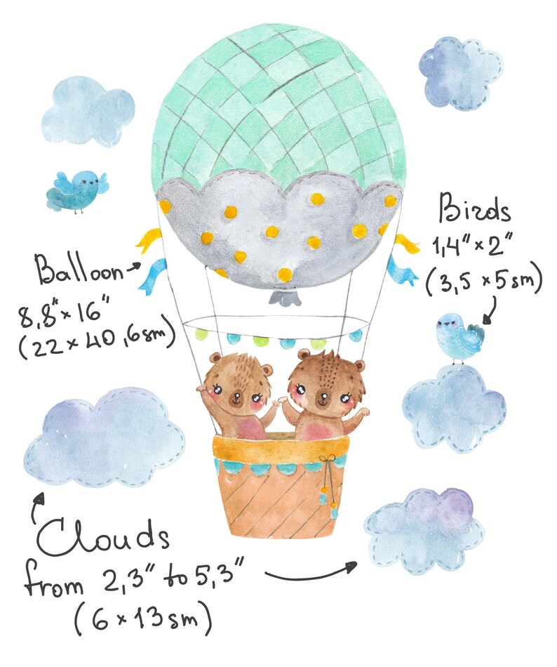 Hot air balloon decals Bear Nursery Watercolour Decal Forest Etsy