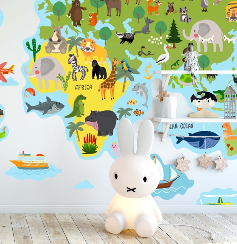 Map wall decal World Map Sticker Huge Map with Animals Etsy