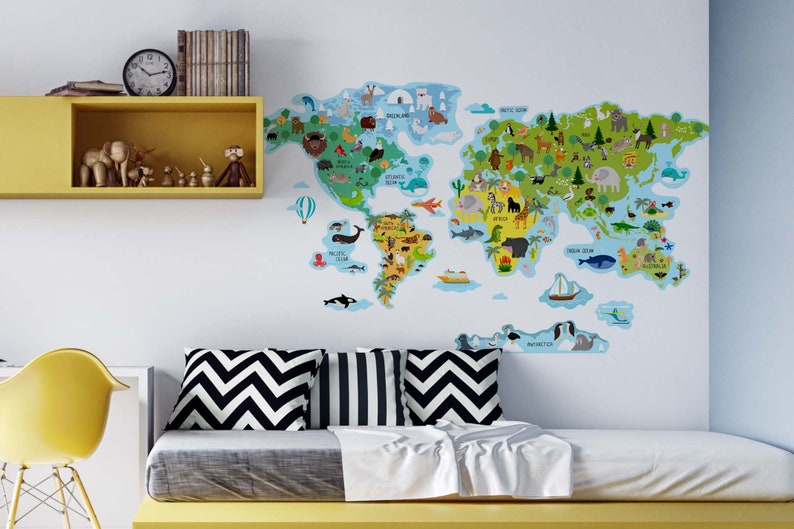 Map wall decal World Map Sticker Huge Map with Animals Etsy