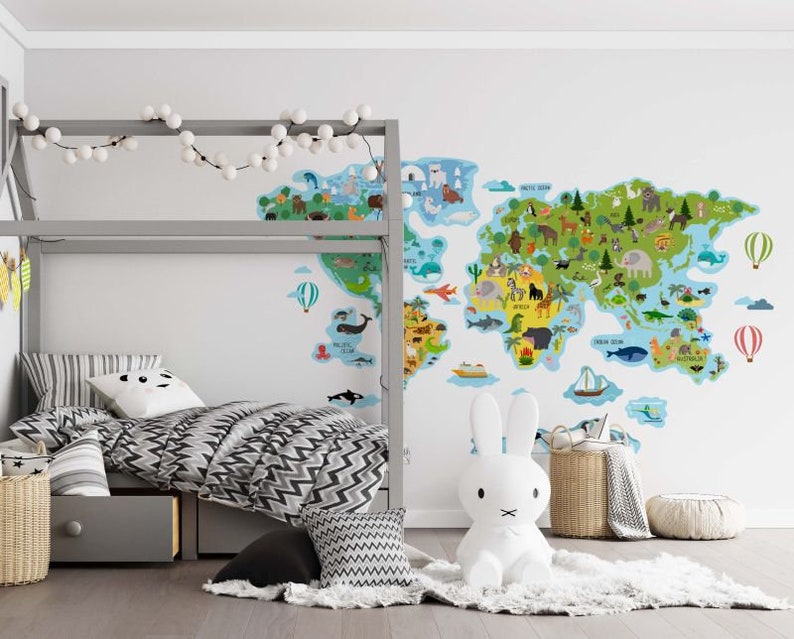 Map wall decal World Map Sticker Huge Map with Animals Etsy