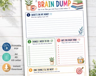 Op de afbeelding: Een printbare ADHD Brain Dump plannerpagina met secties voor taken, to-do's en prioriteiten. Het document bevat de tekst ADHD BRAIN DUMP, WHAT'S ON MY MIND?, THINGS I NEED TO DO, NOT FOR RIGHT NOW en ONE THING I'LL DO NEXT.