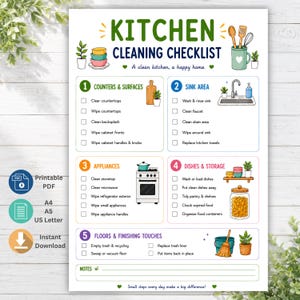May include: A white kitchen cleaning checklist document featuring five numbered sections: Counters & Surfaces, Sink Area, Appliances, Dishes & Storage, and Floors & Finishing Touches. It includes colorful illustrations of kitchen items and checkboxes.