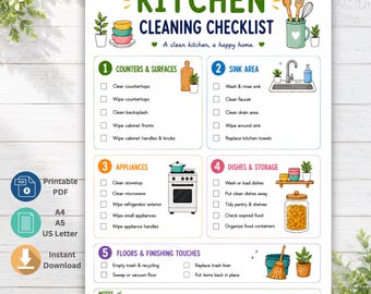 Op de afbeelding: Een witte schoonmaakchecklist voor de keuken met vijf genummerde secties: oppervlakken, gootsteen, apparaten, vaat & opslag, en vloeren & afwerking. Het bevat kleurrijke illustraties van keukenartikelen en selectievakjes.
