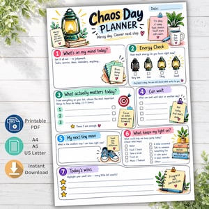 May include: A Chaos Day Planner printable sheet featuring seven numbered sections for daily organization. The design includes illustrations of lanterns, books, a mug, and sneakers, with text prompts for energy checks, task prioritization, and daily wins.