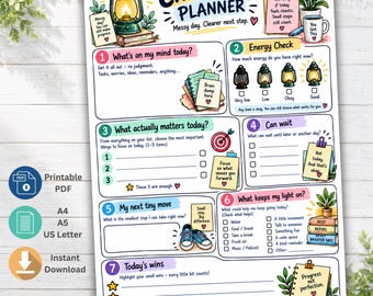 Op de afbeelding: Een Chaos Day Planner printbaar blad met zeven genummerde secties voor dagelijkse organisatie. Het ontwerp bevat illustraties van lantaarns, boeken, een mok en sneakers, met tekstprompts voor energiechecks, taakprioritering en dagelijkse overwinningen.