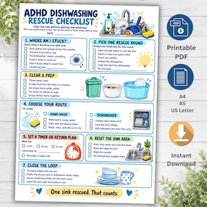 May include: A white ADHD Dishwashing Rescue Checklist printable document featuring seven numbered steps with checkboxes, illustrated with colorful icons of kitchen sinks, dishes, sponges, and a timer, with the text One sink rescued. That counts.