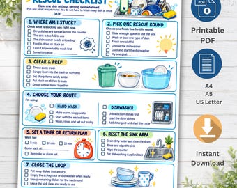 Op de afbeelding: Een printbaar ADHD Dishwashing Rescue Checklist document met zeven genummerde stappen en selectievakjes, geïllustreerd met kleurrijke iconen van gootstenen, vaat, sponzen en een timer, met de tekst One sink rescued. That counts.