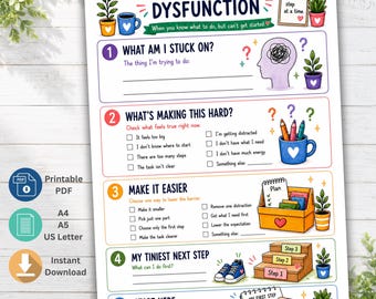 May include: A colorful ADHD executive dysfunction worksheet featuring five numbered steps with prompts, checkboxes, and illustrations of plants, mugs, and stationery. The document includes text headers and lines for writing, designed to help break down tasks into smaller, manageable steps for productivity.