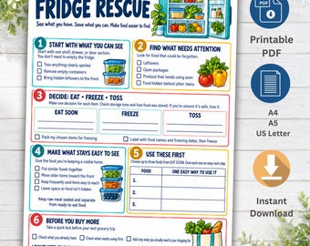 Op de afbeelding: Een printbare ADHD Fridge Rescue gids met een genummerde checklist in zes stappen voor het organiseren van voedsel. Het document bevat illustraties van een koelkast, bewaarbakjes en etenswaren, met tekstvelden voor restjes, invriezen en boodschappenlijstjes.