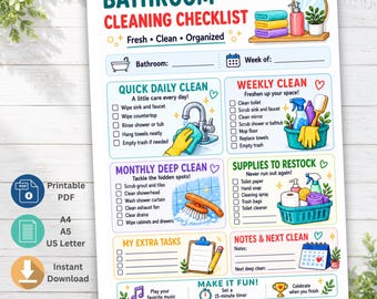 Op de afbeelding: Een schoonmaakchecklist voor de badkamer op wit papier met kleurrijke illustraties van schoonmaakmiddelen, een wastafel en een kalender. De tekst bevat secties voor dagelijkse, wekelijkse en maandelijkse schoonmaaktaken, voorraad en notities.