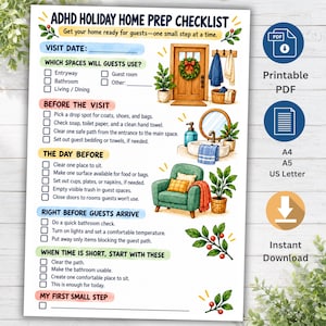 May include: A printable ADHD holiday home prep checklist with sections for visit dates, guest spaces, and tasks. It features illustrations of a front door, bathroom sink, green armchair, and plants, with text including 'ADHD HOLIDAY HOME PREP CHECKLIST'.