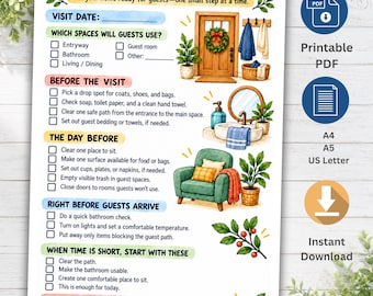 Op de afbeelding: Een printbare checklist voor het voorbereiden van het huis voor de feestdagen met secties voor data en taken. Het bevat illustraties van een voordeur, wastafel, groene fauteuil en planten, met de tekst 'ADHD HOLIDAY HOME PREP CHECKLIST'.