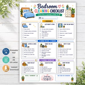 Peut inclure: Une liste de contrôle de nettoyage de chambre à imprimer avec des illustrations colorées d'un lit, de meubles et de plantes. Le document comprend des sections pour les tâches du matin, de la journée et du soir, avec des cases à cocher et des notes.