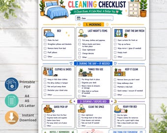Op de afbeelding: Een printbare checklist voor het schoonmaken van de slaapkamer met kleurrijke illustraties van een bed, meubels en planten. Het document bevat secties voor taken in de ochtend, overdag en 's avonds, met selectievakjes en een notitieruimte.
