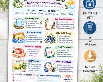 Op de afbeelding: Een printbare Daily Self-Care Menu-kaart met kleurrijke illustraties en selectievakjes voor welzijnsactiviteiten. Het document bevat secties voor lichaamsverzorging, gedachten, rust, energie, comfort, sociale contacten, ruimte en vreugde met notitieruimte.