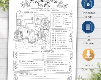 Op de afbeelding: Een zwart-wit printbaar werkblad getiteld A Little Space for Me, met een lijntekening van een gezellige fauteuil, een kamerplant en een kat. De pagina bevat secties voor mindfulness, zelfzorgvragen en selectievakjes voor het bijhouden van gevoelens en zintuiglijke waarnemingen.