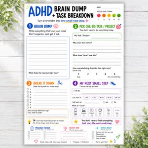 May include: A white ADHD brain dump and task breakdown planner sheet with black text and colorful icons. It features sections for brain dumping, picking a project, breaking tasks into steps, and planning the next small step with a progress tracker.