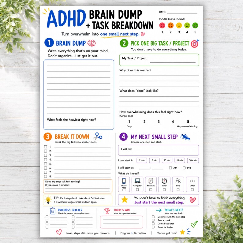 May include: A white ADHD brain dump and task breakdown planner sheet with black text and colorful icons. It features sections for brain dumping, picking a project, breaking tasks into steps, and planning the next small step with a progress tracker.