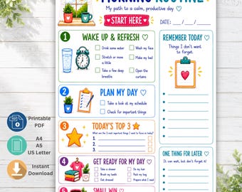 Op de afbeelding: Een kleurrijk ochtendroutine-plannerblad met secties voor dagelijkse taken, waaronder Wake Up & Refresh, Plan My Day, Today's Top 3, Get Ready For My Day en Small Win, voorzien van selectievakjes, lijnen voor notities en illustraties.