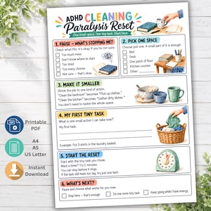 Puede incluir: Una guía imprimible ADHD Cleaning Paralysis Reset con seis pasos numerados, casillas de verificación e ilustraciones. El documento incluye indicaciones de texto para la gestión de tareas, un cesto de ropa, un temporizador y artículos de escritorio.