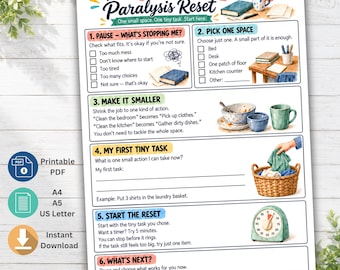 Op de afbeelding: Een printbare ADHD Cleaning Paralysis Reset gids met zes genummerde stappen, selectievakjes en illustraties. Het document bevat tekstprompts voor taakbeheer, een wasmand, een timer en bureauartikelen om te helpen bij het organiseren van schoonmaken.