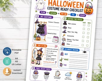 Op de afbeelding: Een printbare checklist voor Halloween-kostuums voor kinderen met secties voor plannen, verzamelen, passen, repareren en een laatste controle. Het document bevat illustraties van een geest, een pompoen en een kind in een heksenkostuum.