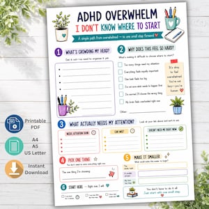 Puede incluir: Una hoja de trabajo imprimible sobre la sobrecarga por TDAH con secciones para organizar pensamientos, priorizar tareas y dividir objetivos. Incluye ilustraciones coloridas de plantas, tazas y artículos de papelería con guías de texto.