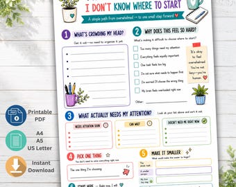 Op de afbeelding: Een printbaar werkblad voor ADHD-overprikkeling met secties om gedachten te ordenen, taken te prioriteren en doelen op te splitsen. Het document bevat kleurrijke illustraties van planten, mokken en schrijfwaren met tekstuele aanwijzingen.