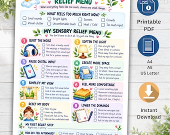 Op de afbeelding: Een checklistmenu voor verlichting bij sensorische overbelasting met acht genummerde secties en illustraties van een koptelefoon, lamp, smartphone, stoel, raam, opgevouwen truien, een persoon en een notitieblok met pen op een witte achtergrond.